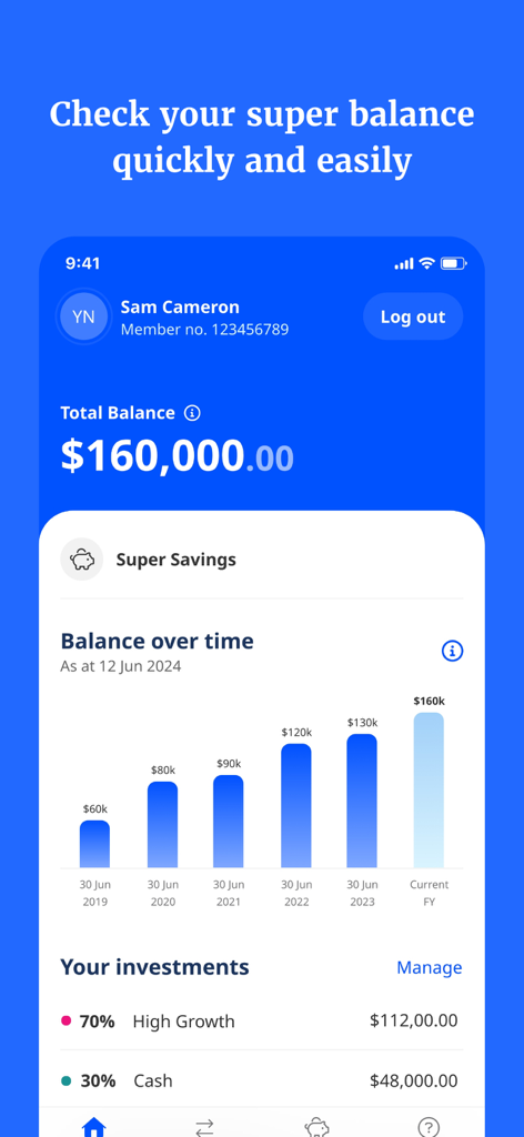 Australian Retirement Trust - Australian Retirement Trust app interface displaying super balance and investment growth