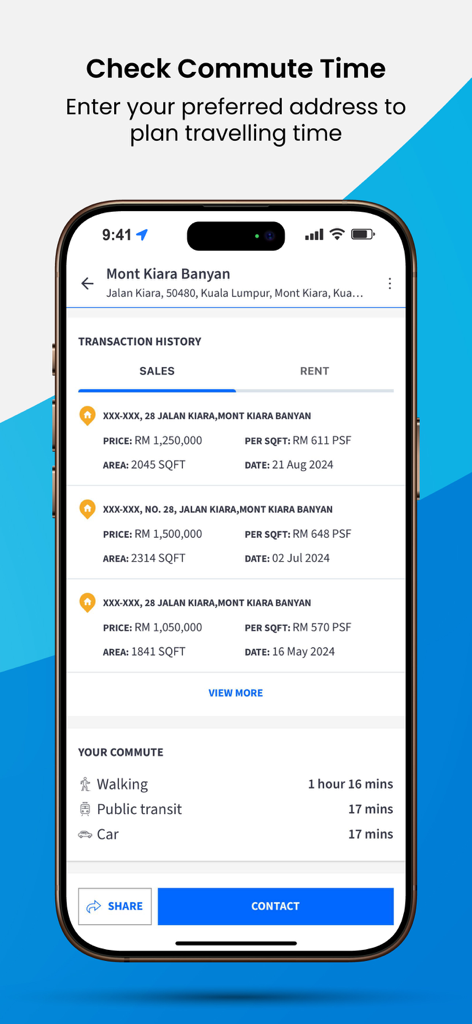 EdgeProp Malaysia - EdgeProp Malaysia app interface displaying historical property sales data and estimated commute times for walking, public transit, and driving.