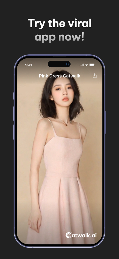AI Fashion Try-On Stylist - A woman virtually trying on a pink dress using the Catwalk.ai fashion app.