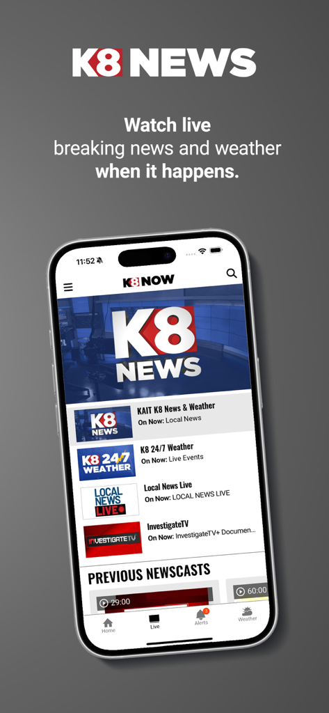 Aplicativo K8 News no iPhone mostrando transmissões ao vivo de notícias e clima locais