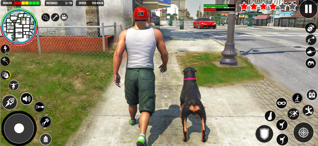 Xtreme Motorbikes Driving Game - A character walking with a dog in an open world city environment