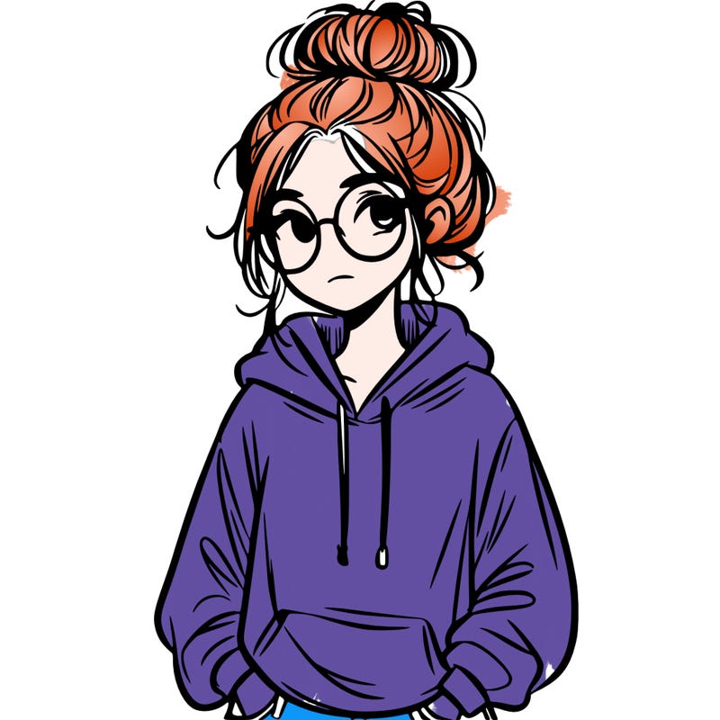 teen girl with a messy bun and glasses wearing a loose hoodie and jeans