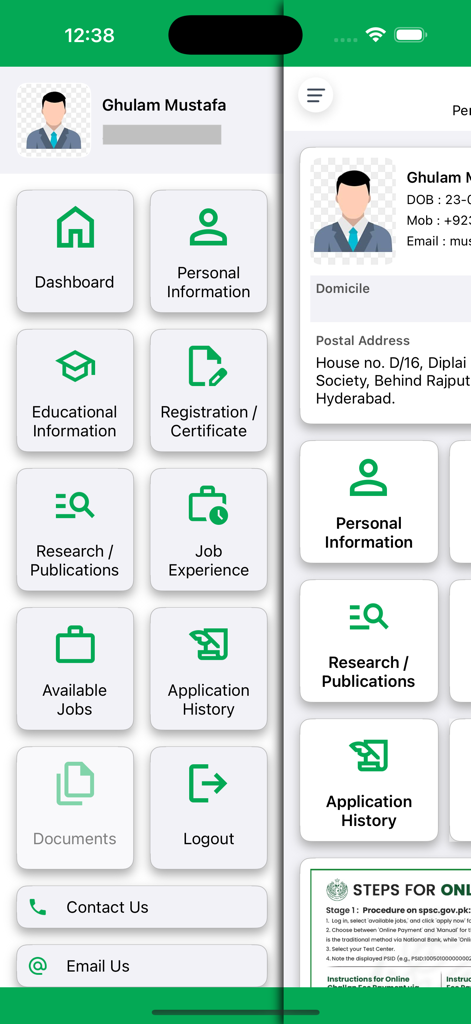 SPSC - Vista della dashboard dell'app SPSC che mostra il profilo utente e varie sezioni di gestione delle candidature di lavoro