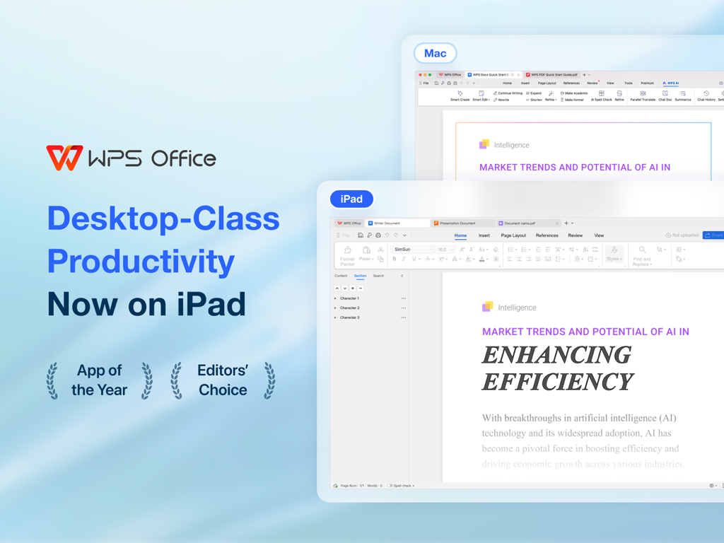 WPS for Pad: AI Office & PDF - WPS Office interface comparison between Mac and iPad highlighting desktop class productivity