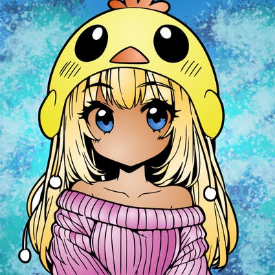 anime girl with chick shaped hat with sweater with bare shoulders with bangs covering them one eye with low tail