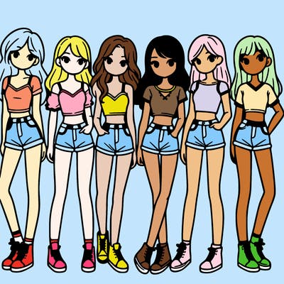a group of girls wearing crop tops and shorts