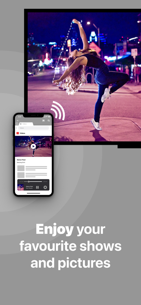 Uma tela de iPhone espelhando uma foto de um dançarino em uma televisão grande usando o aplicativo Mirror for Chromecast