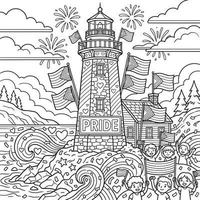 Illuminate your creativity with this inspiring coloring page featuring a majestic historic lighthouse celebrating Pride Month. Adorned with rainbow flags and festive details, it's a beautiful symbol of love and diversity.