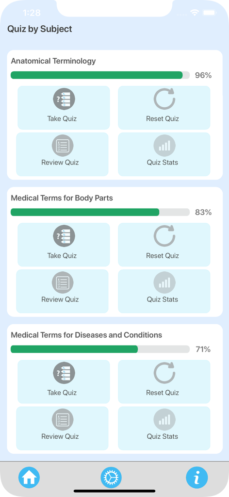 医療用語クイズのカテゴリと進捗状況バー、学習オプションを表示するアプリ画面。