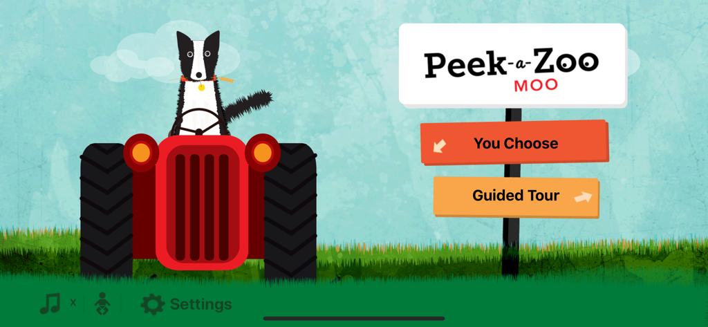 Peekaboo Barn :Peek-a-Zoo Farm - Main menu of the Peek-a-Zoo Moo app showing a dog on a red tractor with game mode options