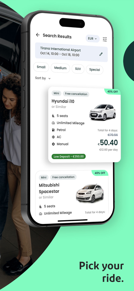 Final Rentals Car Rental App - Mobile app screen showing car rental search results for Tirana International Airport with discounted pricing and free cancellation options