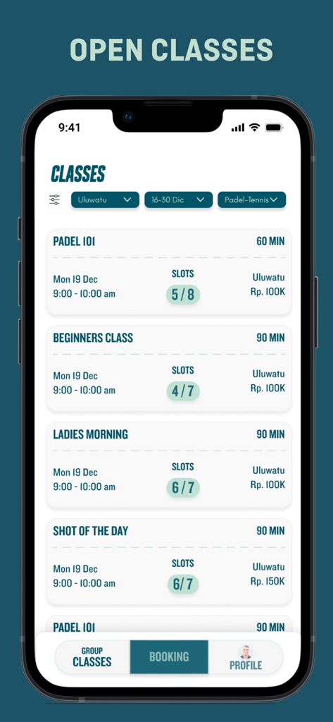 Island Sports Club - Interface de l'application mobile Island Sports Club montrant les horaires des cours de Padel et les détails de réservation.