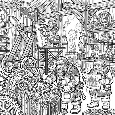 Step into a world of masterful craftsmanship with this intricate Gothic Dwarf Engineers coloring page. Discover a bustling workshop filled with gears, tools, and ingenious designs waiting for your creative touch.