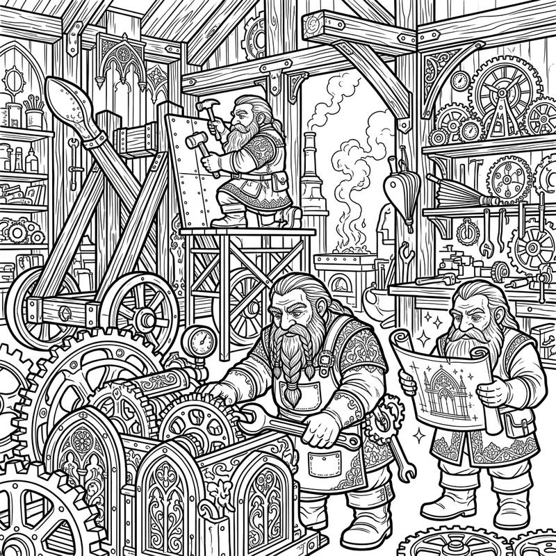 Step into a world of masterful craftsmanship with this intricate Gothic Dwarf Engineers coloring page. Discover a bustling workshop filled with gears, tools, and ingenious designs waiting for your creative touch.