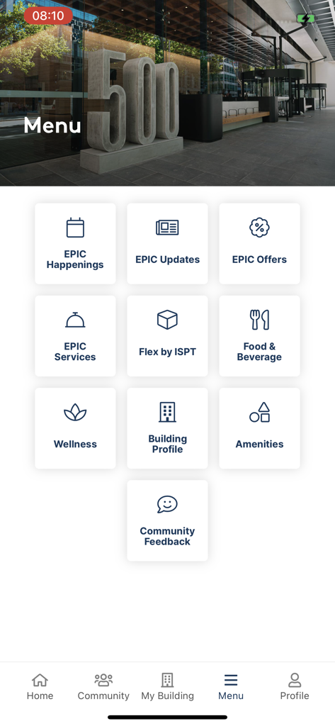 EPIC by ISPT - The menu interface of the EPIC by ISPT app showing various building services including happenings updates offers and wellness options for office tenants