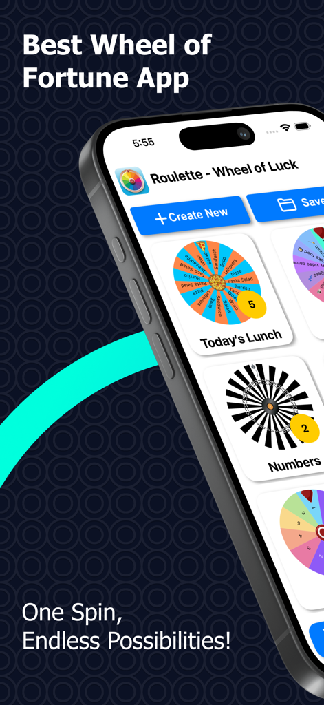 Roulette Wheel of Luck app showing customizable decision wheels on an iPhone