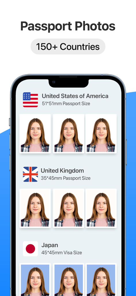 Interface of Passport Size Photo Maker App showing photo dimensions for multiple countries