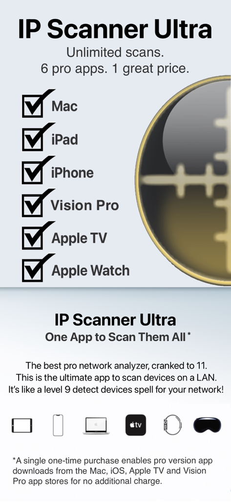 IP Scanner Ultra - iPhone, iPad, Mac, Apple TV, Apple Watch, Vision Pro 지원을 보여주는 IP 스캐너 울트라 홍보 그래픽