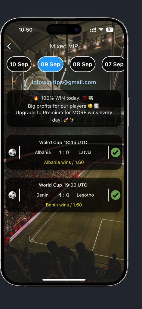 WiniTips:Bet Tips & Prediction - WiniTips app interface displaying successful soccer betting predictions in the Mixed VIP section.