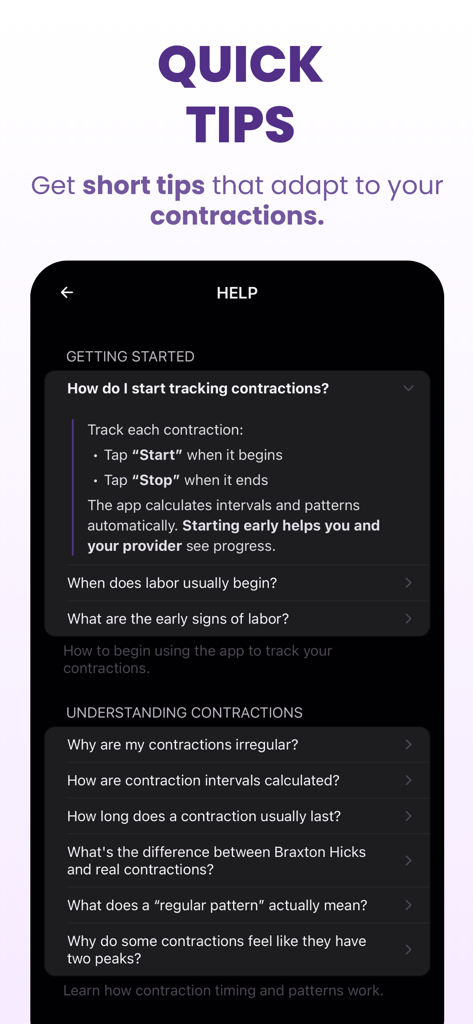 Bump Pulse: Contraction Timer - A screenshot of the Bump Pulse app help menu showing quick tips for tracking contractions and labor information.