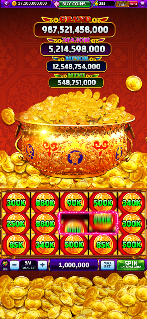 Billion Cash Slots-Casino Game - Una interfaz de máquina tragamonedas con botes masivos y una olla de monedas de oro en Billion Cash Slots