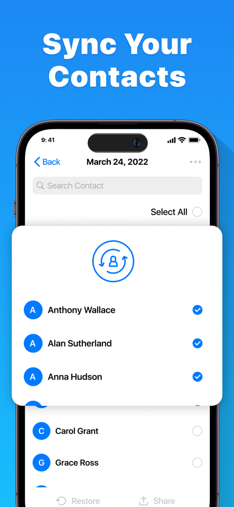 Pantalla del iPhone que muestra la función de sincronización de contactos con una lista de verificación de nombres de contactos y opciones de respaldo