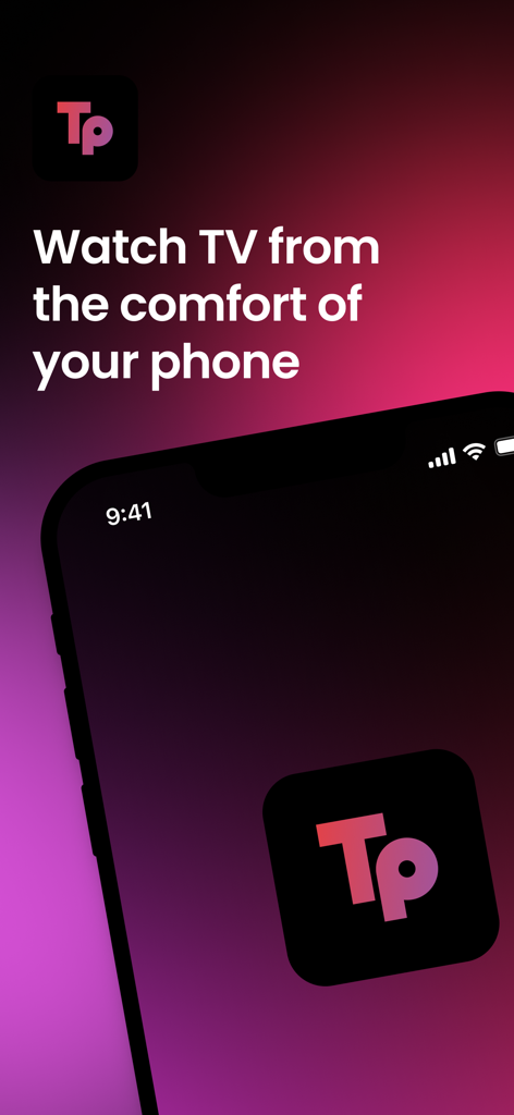 Teleparty app screenshot with the text Watch TV from the comfort of your phone and the pink and purple Tp logo.