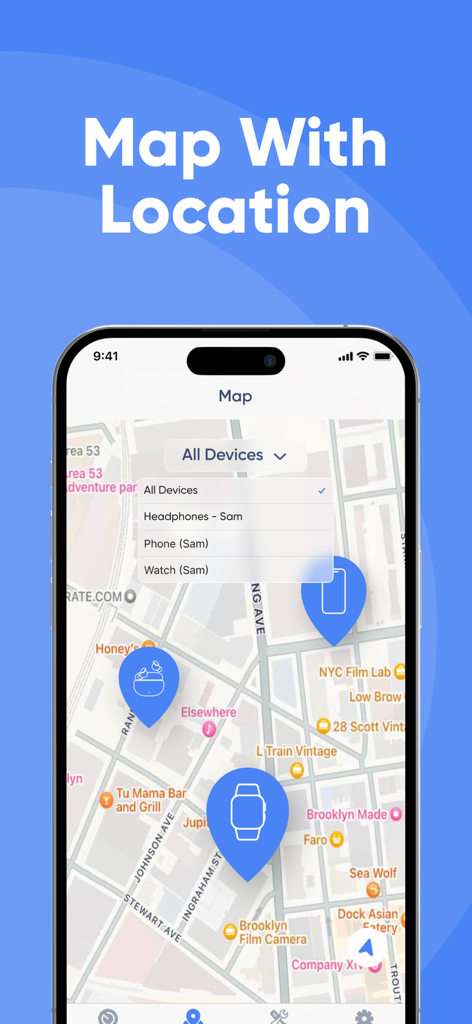 Find Lost Bluetooth Device Pro - Map interface showing locations of lost Bluetooth devices like headphones and smartwatches