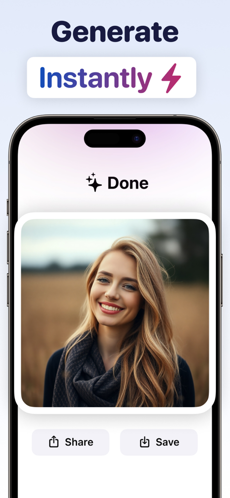 笑顔の女性の完了したAI写真拡張を表示するモバイルアプリインターフェイス。共有および保存ボタンがあります。