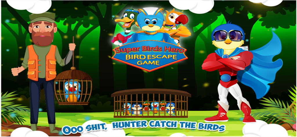 Superhero Bird VS Hunter - Superhero bird in a red and blue costume ready to rescue friends from a hunter in the jungle
