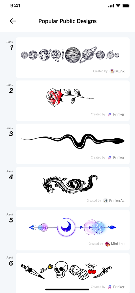 A ranked list of popular temporary tattoo designs in the Prinker app including planets rose snake and dragon