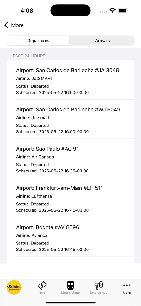 Una pantalla que muestra la lista de salidas de vuelos con nombres de aerolíneas y horarios programados dentro de la aplicación Buenos Aires Subway Map.