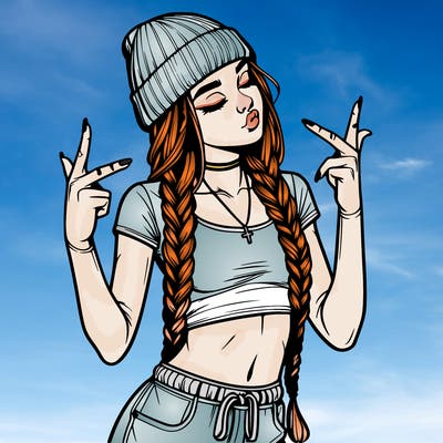 realistic teenage girl with braids and a beanie and crop top doing 🫶🏼