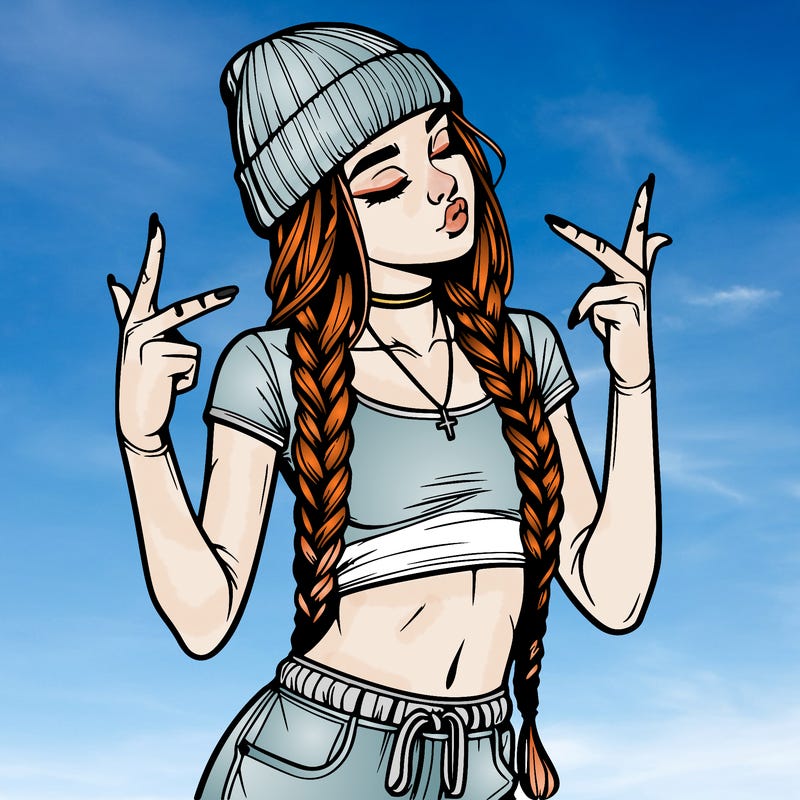realistic teenage girl with braids and a beanie and crop top doing 🫶🏼