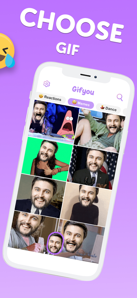 Funny Face Swap Me - GifYou - Interface of the GifYou app showing a grid of personalized face swap GIFs across categories like memes and reactions.