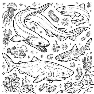 Uncover the wonders of the deep ocean with this captivating coloring page featuring a variety of fascinating deep-sea sharks. Designed with clear lines and engaging marine life, it's perfect for seniors seeking a relaxing and stimulating creative activity.