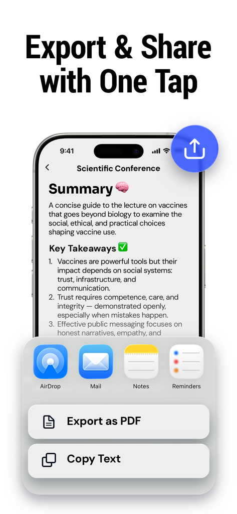 Benote app interface showing options to export and share AI generated meeting summaries and key takeaways.