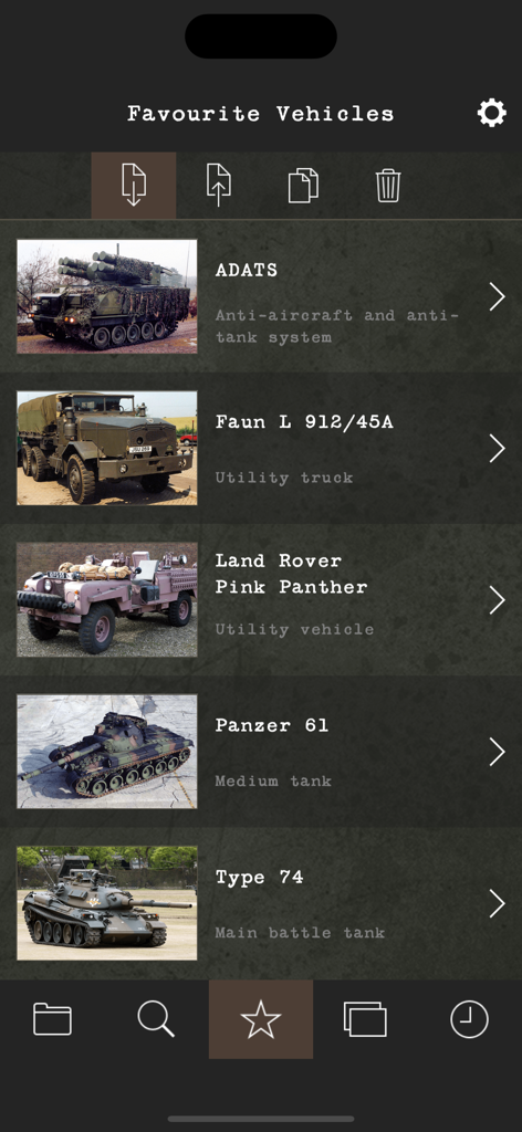 Cold War Military Vehicles - Lista de vehículos favoritos en la aplicación móvil Vehículos Militares de la Guerra Fría mostrando varios tanques y camiones.