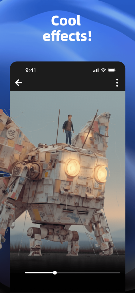 Dreamy - AI Video Generator - KI-Video-Generator-Oberfläche, die einen kreativen Roboter-Effekt mit einer Person darüber zeigt und den Text 'cool effects'.