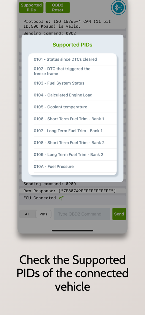 A list of supported OBDII PIDs displayed in the ELM327 terminal app interface