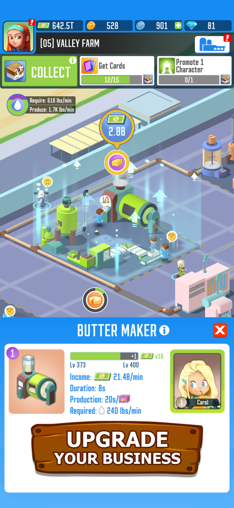 Milk Farm Tycoon - Gameplay screenshot of Milk Farm Tycoon showing the butter maker upgrade menu