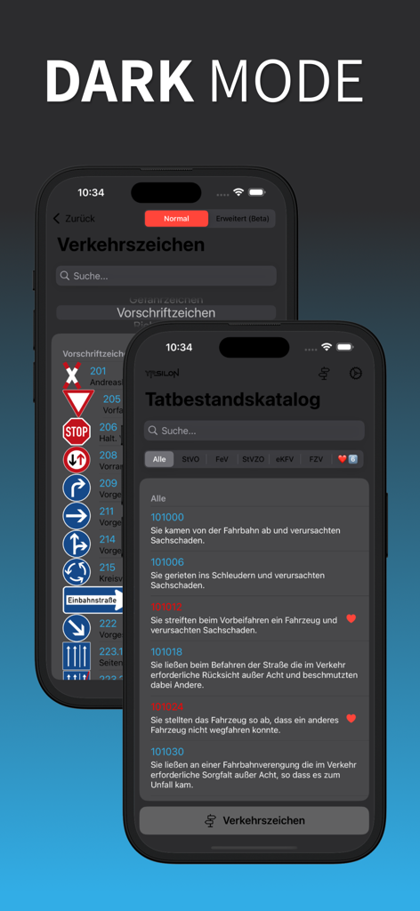 Tatbestandskatalog - Dark mode interface of the Tatbestandskatalog app featuring German traffic laws and signs