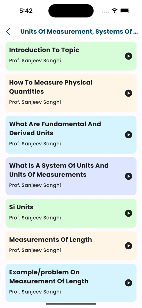 Sathee - Sathee mobile app screen showing a list of physics video lectures on units of measurement by Professor Sanjeev Sanghi.