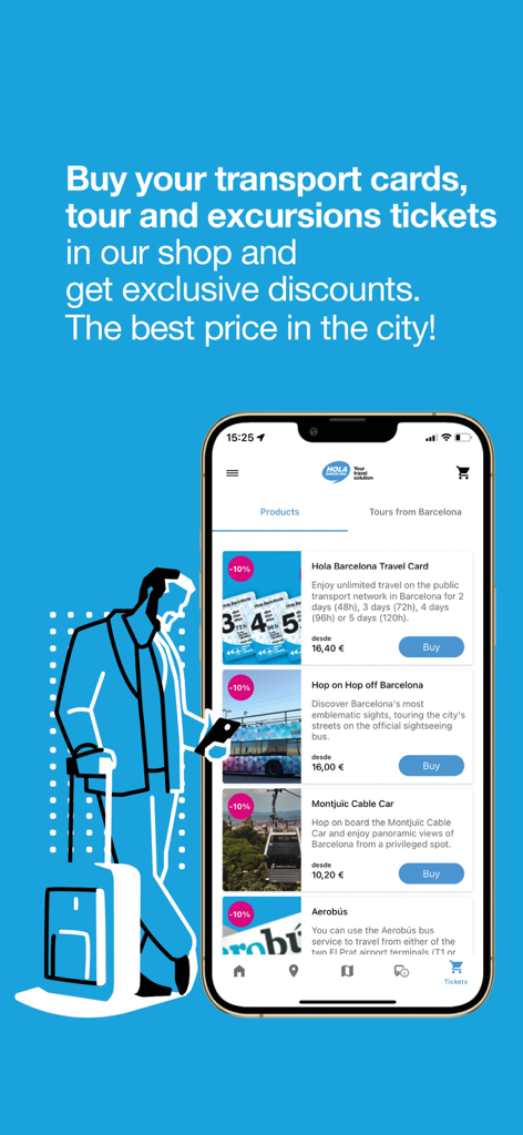 Interface of the Hola Barcelona app shop showing discounted transport cards and tour tickets.