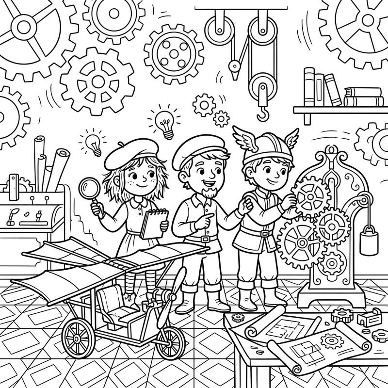 Step back in time and ignite your child's imagination with this delightful Renaissance Inventors coloring page. Perfect for kids aged 4-8, it features playful young inventors surrounded by whimsical machines and gears, ready for a burst of color.