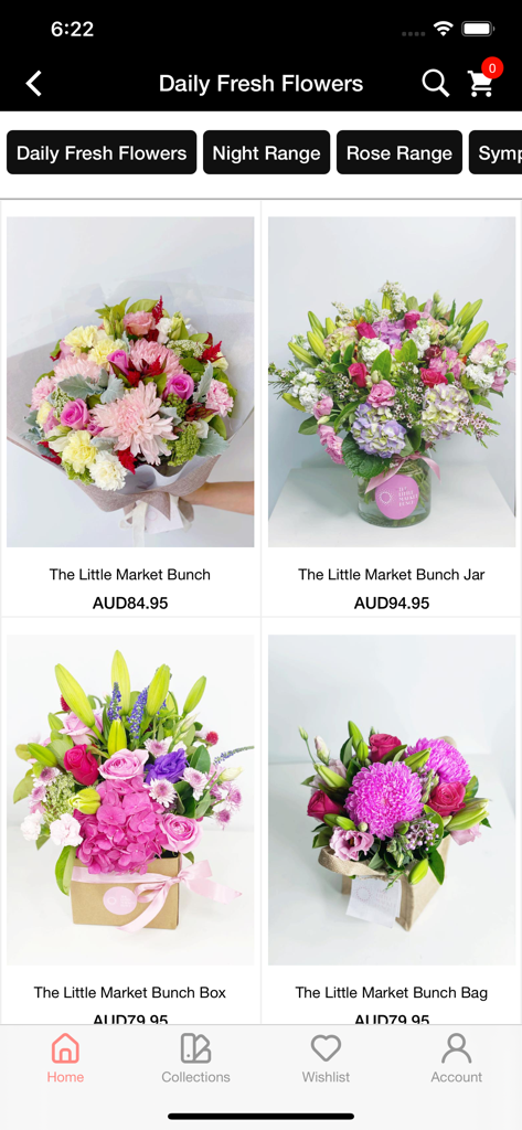 The Little Market Bunch - Tela de aplicativo móvel mostrando uma seleção selecionada de buquês de flores frescas e arranjos florais disponíveis para entrega no mesmo dia.