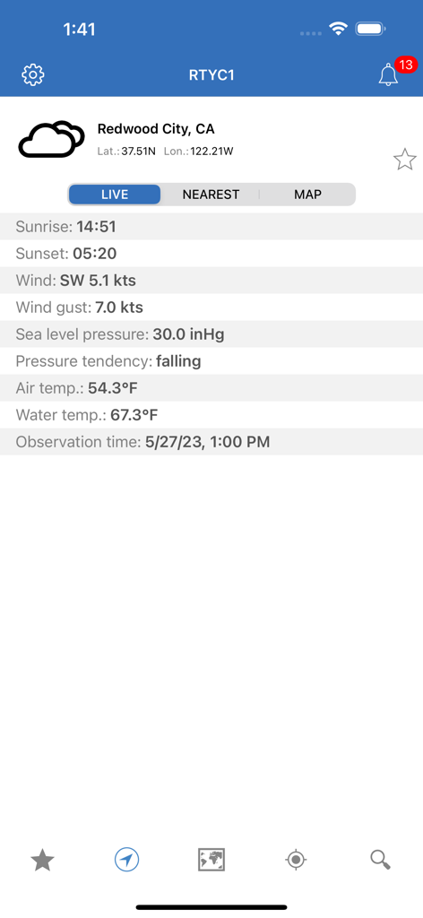 NOAA Buoys Marine Weather PRO - Mobile app screen displaying marine weather data for Redwood City including wind speed and water temperature