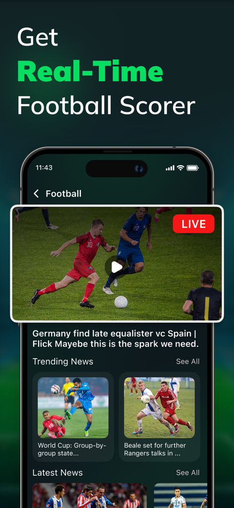 Live Football TV: Soccer Score - Interfaz de aplicación móvil que muestra video de partido de fútbol en vivo y titulares de noticias de fútbol de tendencia