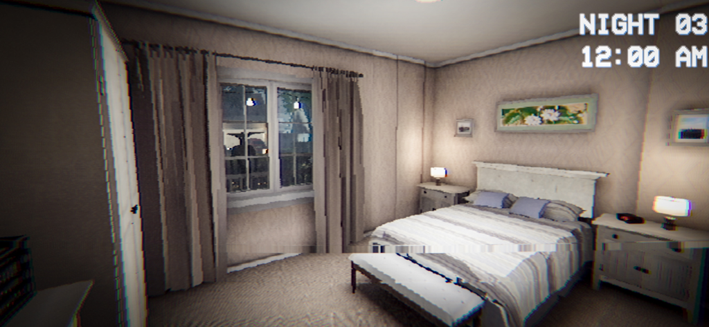 Boisvert Analog Horror Game - A grainy VHS style screenshot of a bedroom in Boisvert Analog Horror Game featuring glitch effects and a Night 03 interface