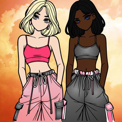 two girls with crop top with baggy pants